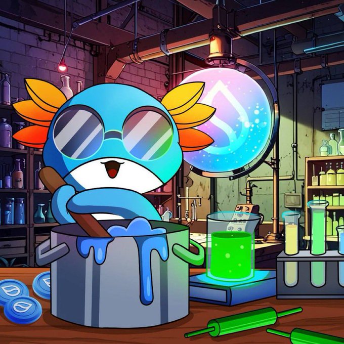 The image features a cartoon character wearing glasses and goggles sitting inside a pot of blue paint with a spoon sticking out of it, surrounded by various laboratory equipment such as test tubes and beakers. The caption reads "Happy Monday BBAxol fam! Dad #Axol has begun to heat up! We will complete/ finish our dex update this week, with the new website being added!".