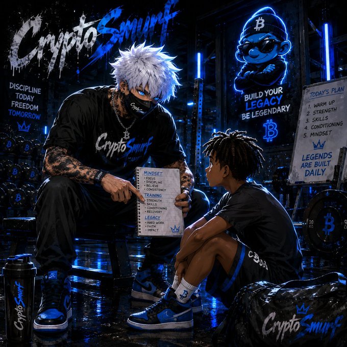 An anime-style digital illustration of a tattooed character labeled 'Crypto Smurf' teaching a young boy a list of values including 'MINDSET' and 'LEGACY', surrounded by Bitcoin imagery and motivational text like 'BUILD YOUR LEGACY BE LEGENDARY'.