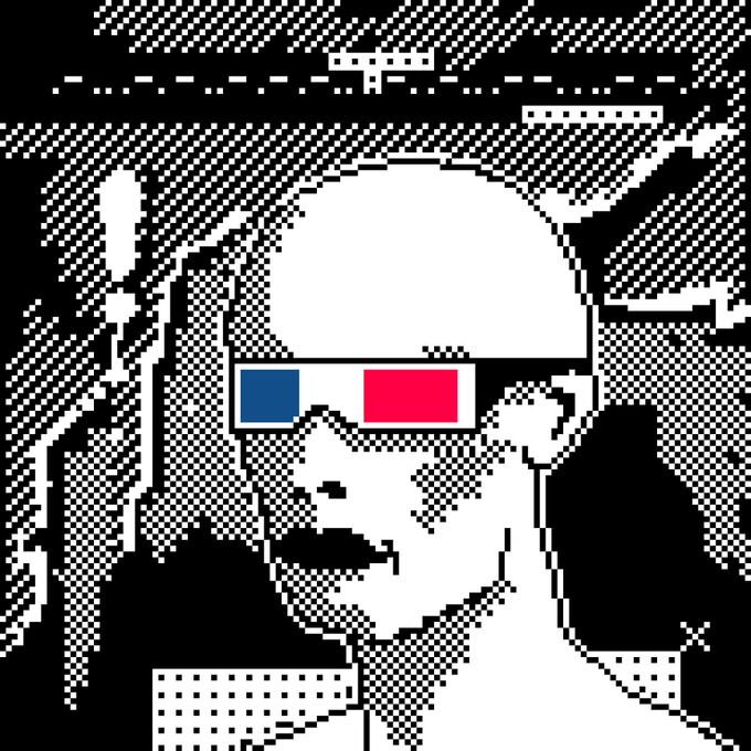 The image features a black and white picture of a person wearing 3D glasses, with their face clearly visible against the monochrome background. The caption below the image reads "DPS 5886 sold for 0.01 eth and total volume is 1 eth but art still dope and GM." This suggests that the artist has used a digital painting software to create this piece of artwork, which may have been done on a computer or tablet using a stylus pen. The post also mentions that the image was taken at a store called "DPS 5886 sold for 0.01 eth" and is part of an art collection.
