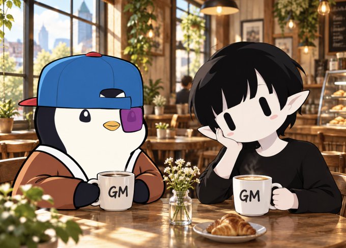 An anime-style illustration of two characters—a penguin wearing a blue cap and a dark-haired elf-like figure—sitting at a café table with a 'GM' coffee mug and flowers.