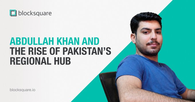 A blocksquare article banner titled 'ABDULLAH KHAN AND THE RISE OF PAKISTAN'S REGIONAL HUB' featuring a portrait of a man in a blue t-shirt against a teal and white background.