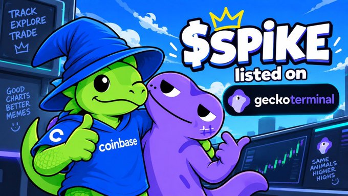 A cartoon graphic promoting the '$SPIKE' cryptocurrency token listed on GeckoTerminal, featuring a green lizard in a blue wizard hat and shirt alongside a purple lizard, with text reading 'TRACK EXPLORE TRADE' and 'COINBASE'.