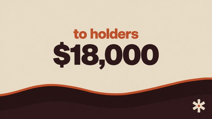 A graphic with text reading 'to holders $18,000' in orange and black lettering on a cream background with a dark brown wave at the bottom and a small asterisk-like logo.