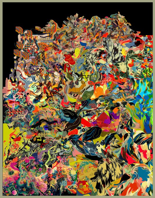 The image features a large, colorful abstract painting with various shapes and patterns that appear to be made of different materials such as paper or fabric. The artwork has an unconventional style, resembling a collage or mixed media piece rather than traditional paintings. The colors used in the painting are vibrant and diverse, creating a visually striking effect. The image is accompanied by a caption that reads "casual stages of goblin transformation reserve is 0.15 ETh today superrare.com/artwork/eth/0x …"