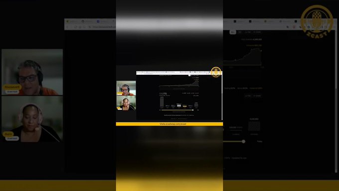 A split-screen video podcast recording from BitcoinZcast showing two participants on the left and a screen share on the right displaying a webpage with browser windows layered on top.