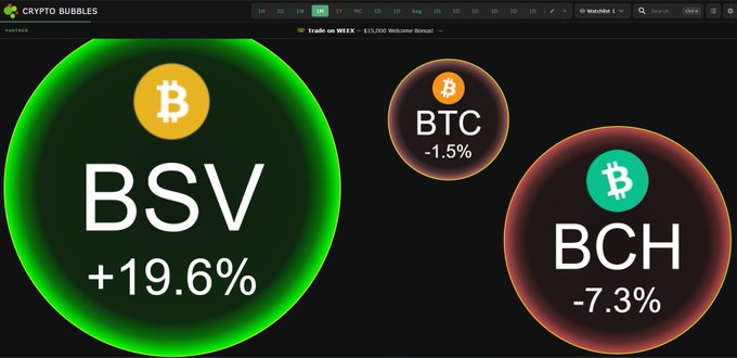Another 'Crypto Bubbles' screenshot showing BSV at +19.6% (green), BTC at -1.5% (orange), and BCH at -7.3% (red).
