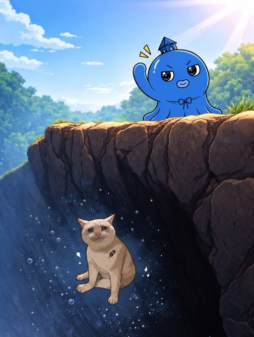 Digital artwork featuring a tan cat falling through the air with a surprised expression, while a blue cartoon octopus-like creature wearing a small hat watches from a cliff edge above.