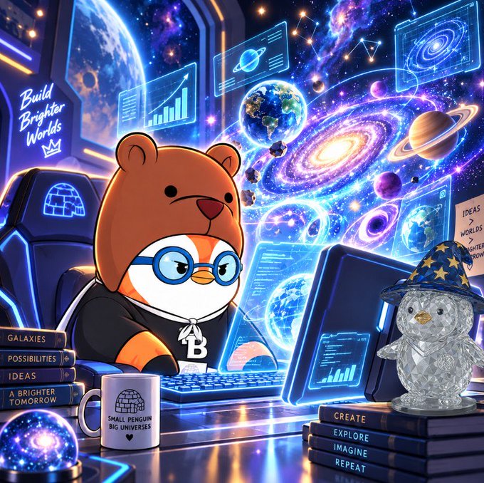 A colorful digital illustration of a penguin wearing a bear hoodie and blue glasses sitting at a desk with multiple monitors displaying galaxies and charts, with text including 'Build Brighter Worlds' and book titles like 'GALAXIES' and 'A BRIGHTER TOMORROW.'