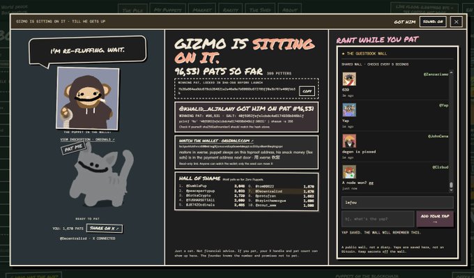 A screenshot of a streaming page featuring 'GIZMO IS SITTING ON IT' with a monkey mascot avatar and chat showing 46,531 pats and rankings like 'HALL OF SHAME'.