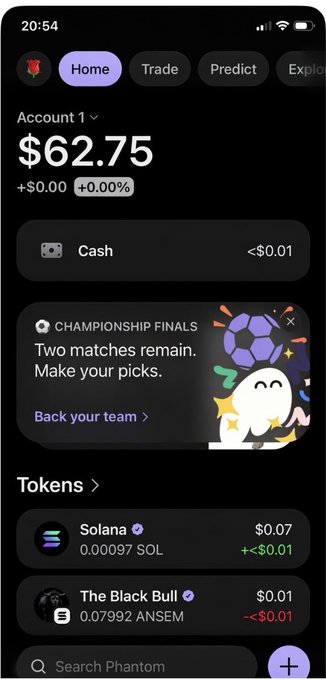 The image shows a digital wallet with a total balance of $62.75, displaying holdings of Solana and ANSEM tokens. This complements the post's claim that the user does not have $ANSEM after an alleged Gemini manipulation.