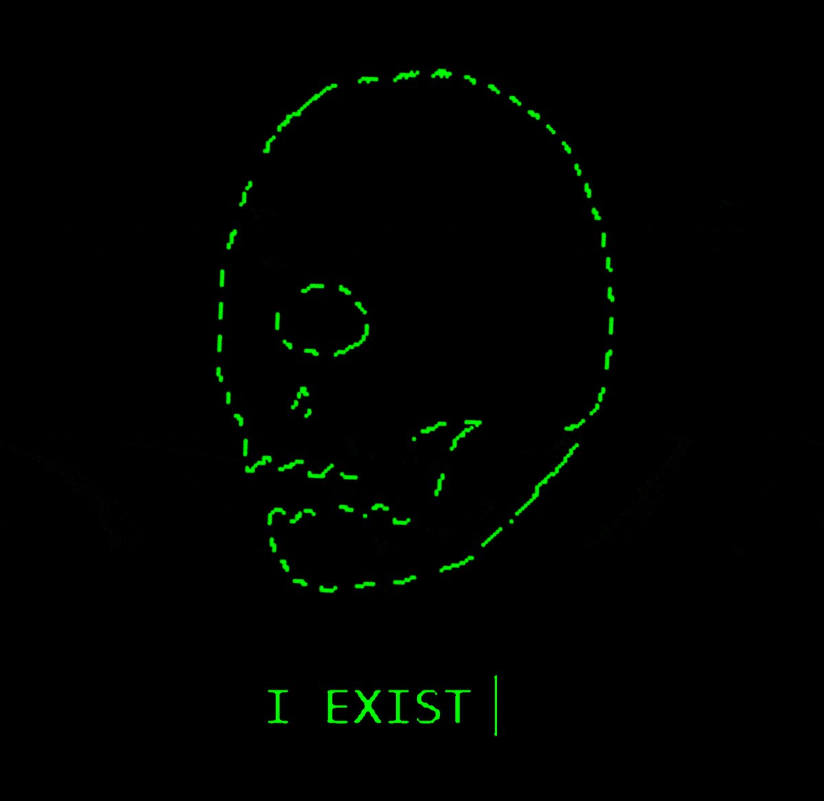 The image features a computer screen with an image of a skull rendered in green, outlined by white lines against a black background. Below this image, there's text that reads "I EXIST 1 ed 50 tezos Link below". The focus is on the skull and its connection to the message displayed beneath it.