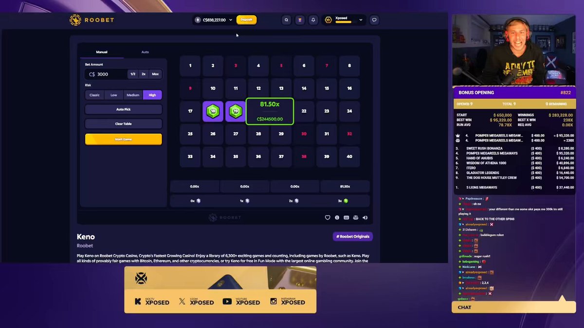 The image shows a computer screen displaying a video game interface with a Keno game being played, where two players are competing against each other. The player on the left has just hit a massive win, while the player on the right seems to be struggling or losing. The text in the image suggests that this is an online platform for trading opinions and predictions about various topics, such as Keno games, sports events, or crypto moves.