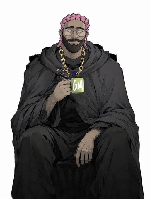 A stylized illustration of a bearded character with pink hair, glasses, and a gold chain, draped in a black cloak while holding a green mug with the word 'Gm'.
