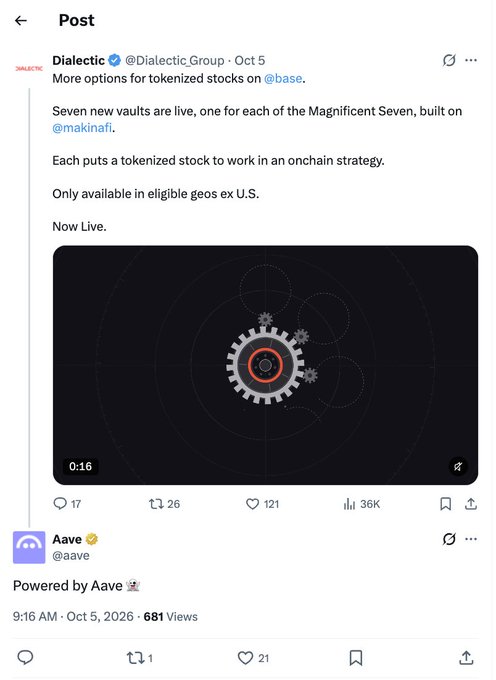 Screenshot of a social media post by @Dialectic_Group announcing seven new tokenized stock vaults on Base for the 'Magnificent Seven', powered by Aave, with a video thumbnail showing a gear graphic.