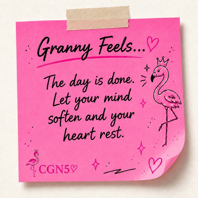 A pink sticky note with handwritten text reading 'Granny Feels... The day is done. Let your mind soften and your heart rest.' featuring flamingo doodles and 'CGN5' at the bottom.