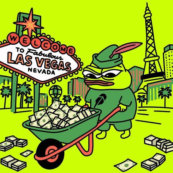 A colorful cartoon illustration of a green duck-like character in a Robin Hood hat pushing a wheelbarrow full of money in front of the Las Vegas sign.