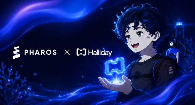 An animated boy with curly hair and green eyes holds a glowing blue gateway icon in his hand, with "PHAROS × Halliday" text displayed against a deep blue, underwater-inspired background featuring a lighthouse. The image visually represents the Pharos ecosystem partnership with Halliday, illustrating how the integration creates a smoother entry point into Pharos—symbolized by the glowing portal in the character's hand that bridges users into the network.