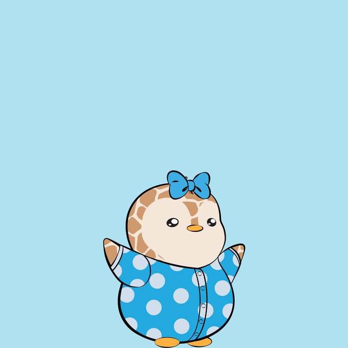 A simple cartoon illustration of a small bird-like character with brown spotted plumage, wearing blue polka-dot pajamas and a blue bow, standing against a plain light blue background.