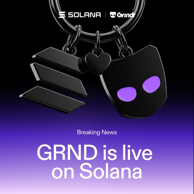 A promotional graphic for Solana cryptocurrency featuring black keychain charms (a striped emblem, heart, and purple-eyed cat mask) with text reading 'SOLANA Grind' and 'Breaking News: GRND is live on Solana'.