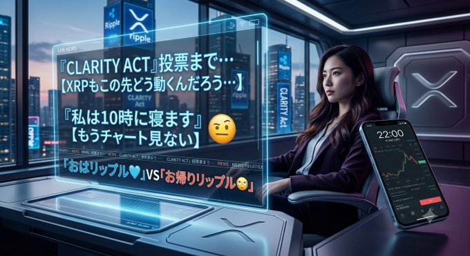 The image depicts a woman seated at a futuristic desk with a glowing transparent screen displaying Japanese text about the "CLARITY Act" vote and XRP price movements, alongside a smartphone showing a trading chart at 22:00, visually representing the post's internal conflict between curiosity about the CLARITY Act vote's impact on XRP and the resolve to go to bed at 10 and stop watching the charts.