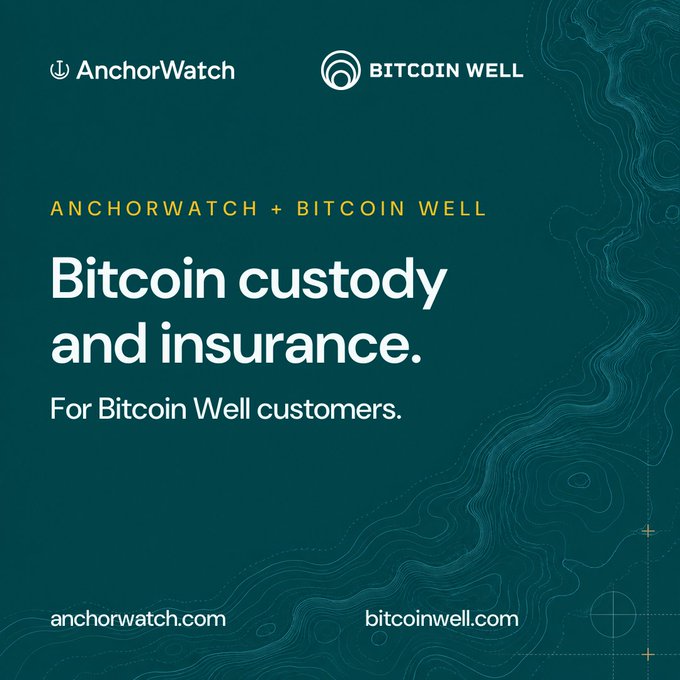 Promotional graphic announcing a partnership between AnchorWatch and Bitcoin Well offering Bitcoin custody and insurance services for Bitcoin Well customers.