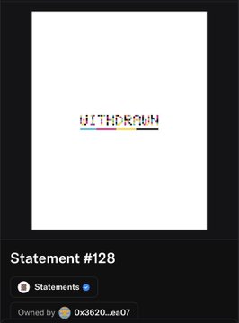 An NFT or digital art listing titled 'Statement #128' featuring a minimalist white image with glitchy text 'NETHEREUM' in rainbow colors, owned by '0x3620...ea07'.