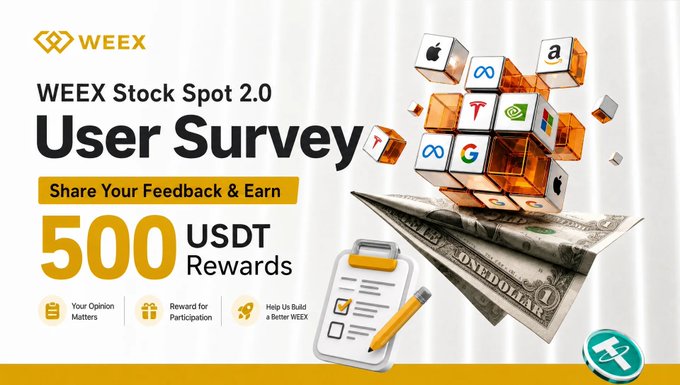 An advertisement for 'WEEX Stock Spot 2.0 User Survey' offering 500 USDT rewards for sharing feedback, featuring logos of major tech companies like Apple, Google, and Amazon.