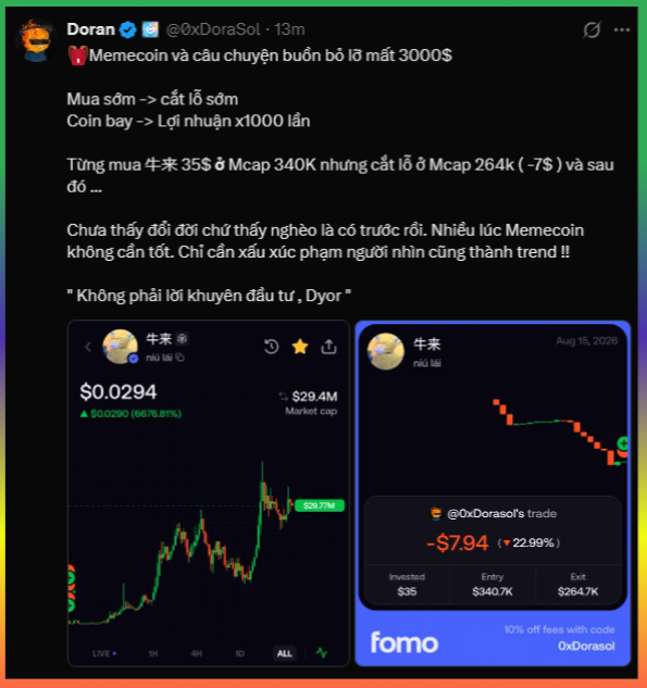 A post by Doran (@0xDoraSol) regrets selling the memecoin NIULAI after buying at a $34K market cap and cutting losses at $264K, as it later surged to $40M—potentially turning $35 into nearly $3,000. The attached screenshots show NIULAI’s price rising to $0.0294 with a $29.4M market cap, while a Fomo trade records a −$7.94 loss (−22.99%) after investing $35 and exiting at $264.7K.