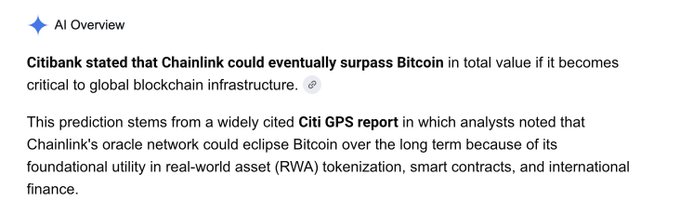 An AI Overview snippet from Google states that Citibank predicted Chainlink could eventually surpass Bitcoin in total value due to its role in blockchain infrastructure.
