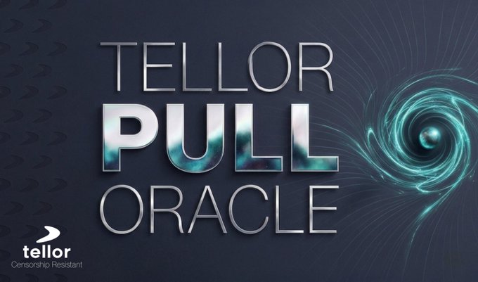 A dark promotional banner for 'TELLOR PULL ORACLE' featuring metallic chrome text alongside a swirling teal vortex graphic, with the Tellor logo and tagline 'Censorship Resistant' in the bottom left.