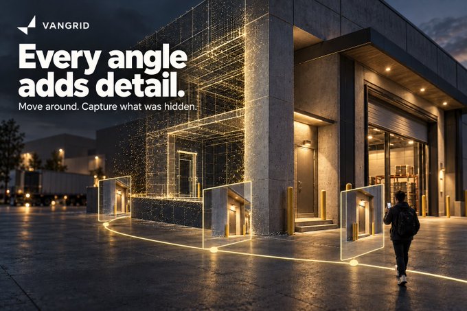 A promotional banner for 'VANGRID' showing a person walking near a modern building overlaid with digital point cloud scans, accompanied by the text 'Every angle adds detail. Move around. Capture what was hidden.'