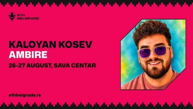 A promotional graphic for ETH Belgrade featuring Kaloyan Kosev from Ambire, with the event taking place on 26-27 August at Sava Centar (ethbelgrade.rs). The image relates to the post by announcing Kaloyan ("0xSuperKalo") as a speaker at the event, where he will discuss browser extension security.