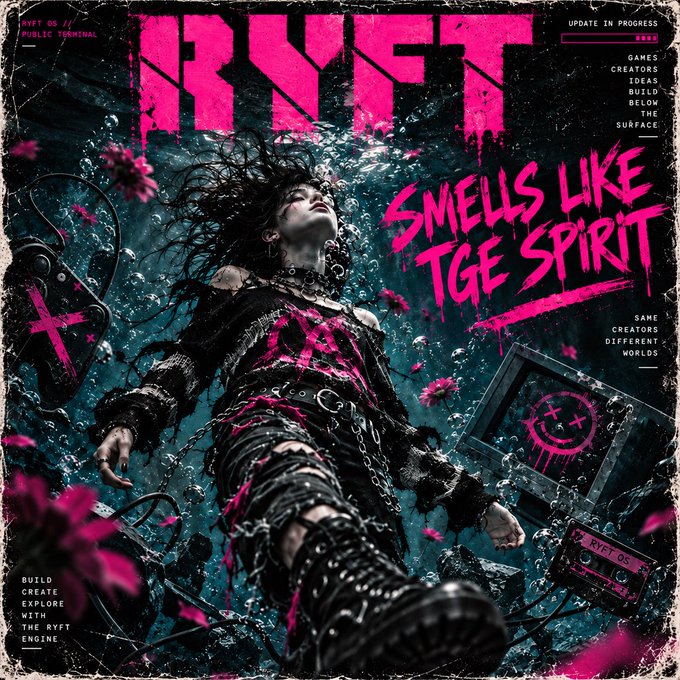 Promotional graphic titled 'RYFT - SMELLS LIKE THE SPIRIT' showing a person submerged in water with dark hair floating, surrounded by floating pink flowers, a video game controller, and a vintage TV, with text reading 'UPDATE IN PROGRESS' and 'BUILD CREATE EXPLORE WITH THE RYFT ENGINE'.