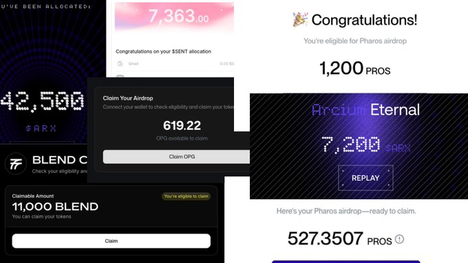A collage of airdrop claim screenshots showing allocations of 7,363 $SENT, 42,500 $ARX (Arcium Eternal), 619.22 OPG, 11,000 BLEND, and 1,200/527.3507 PROS (Pharos), visually reinforcing how Discord role-holding projects like Arcium, Sentient, Pharos, OpenGradient, and Blend delivered thousands in airdrop value to early, active community members.
