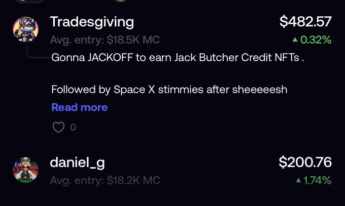 A social media feed showing user 'Tradesgiving' with $482.57 and 'daniel_g' with $200.76, including commentary about Jack Butcher Credit NFTs and SpaceX mentions.