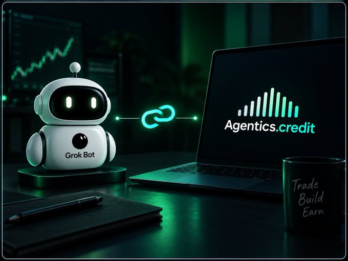 A digital promotional graphic showing a small white robot labeled 'Grok Bot' connected via a chain-link icon to a laptop displaying the 'Agentics.credit' logo, with a mug reading 'Trade Build Earn' and a green market chart in the background.