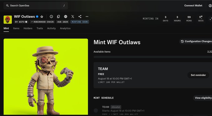 An OpenSea NFT minting page for 'WIF Outlaws' collection on Robehood Chain shows a skeleton cowboy character against a bright green background, with minting starting August 18 at 10:00 PM GMT+1.