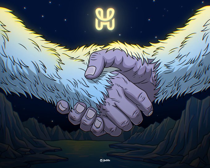 A digital illustration of two large furry white hands clasped together under a starry night sky with a glowing yellow symbol above them, set against a mountainous landscape.