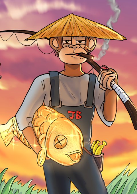 An illustrated monkey character wearing a straw hat, smoking a pipe, and holding a large golden fish stands against a sunset sky.
