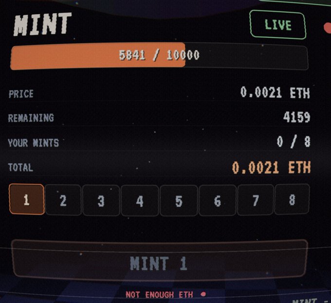 A computer screen displays a "MINT" interface for forbiddenapple.xyz, showing 5841/10000 mints sold at 0.0021 ETH each, with 4159 remaining and an option to mint 1 NFT for a total of 0.0021 ETH. The interface confirms the post's message that the minting error has been fixed, though a "NOT ENOUGH ETH" warning appears at the bottom.