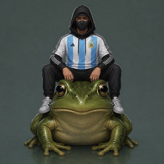 A 3D-rendered figure wearing an Argentina national football jersey and a black hood/mask, sitting atop a giant green frog against a dark green background.