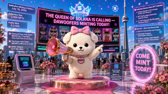 A promotional image features a white fluffy mascot holding a megaphone with text "THE QUEEN OF SOLANA IS CALLING — DAWOOFERS MINTING TODAY!" and various mint details.