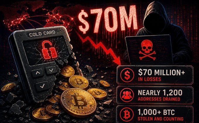 The image depicts a Coldcard hardware wallet with a cracked screen and unlocked padlock, surrounded by scattered gold Bitcoin coins, alongside a hooded hacker figure at a laptop displaying a skull, with prominent text highlighting "$70M" and statistics showing "$70 MILLION+ IN LOSSES," "NEARLY 1,200 ADDRESSES DRAINED," and "1,000+ BTC STOLEN AND COUNTING." The visual reinforces the post's alarming report of the Coldcard wallet exploit, using dark imagery of theft and broken security to emphasize the scale of the ongoing attack.