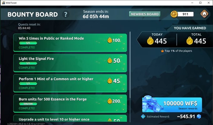 A 'BOUNTY BOARD' screen from the game 'Wild Forest' showing completed quests and 445 in-game coins earned, with 6d 05h 44m remaining in the season.