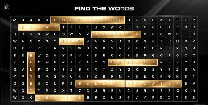 A "Find the Words" puzzle displays a grid of letters with highlighted crypto-related terms including ENCRYPTED, BCHAT, BELDEX, BNS, BELNET, BROWSER, and SECURE, representing various components of the Beldex ecosystem.