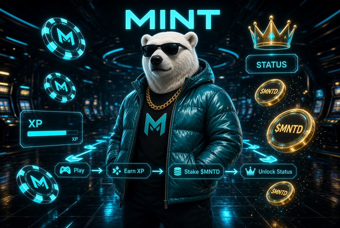 A digital promotional graphic for 'MINT' features a polar bear mascot in a teal puffer jacket and sunglasses, surrounded by crypto-style UI elements including coins labeled $MNTD, XP bars, and options to 'Play,' 'Earn XP,' 'Stake $MNTD,' and 'Unlock Status.'