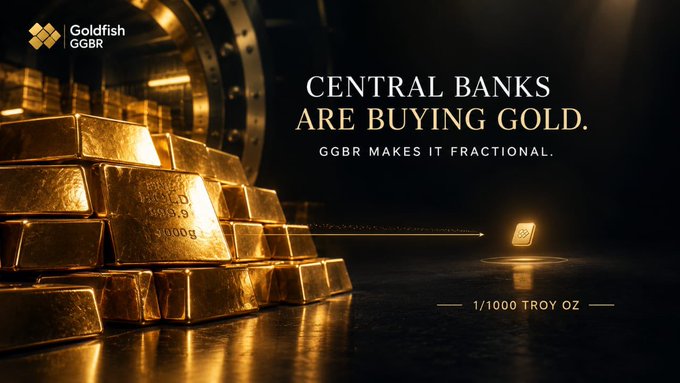 A Goldfish GBR advertisement with the text 'CENTRAL BANKS ARE BUYING GOLD. GGBR MAKES IT FRACTIONAL. 1/1000 TROY OZ', showing gold bars and a vault.