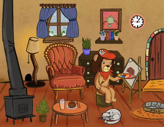 A cartoon illustration of a bear dressed as an artist (wearing a beret and red bandana) painting on a canvas in a cozy, rustic living room with a wood stove, armchair, and a sleeping cat.