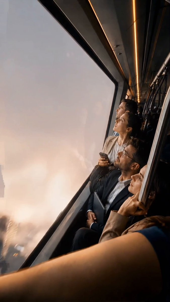 A group of stylishly dressed professionals gaze out the large window of a moving train, bathed in warm sunset light, as the scenery blurs past—capturing the essence of the caption's message that every journey propels you forward.