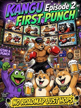 Promotional poster for 'KANGU Episode 2 - FIRST PUNCH' featuring cartoon kangaroos in a bar, with text 'NO ROADMAP!! JUST HOPS' and 'G'DAY & PUNCH'.